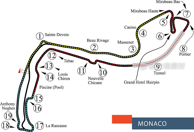Race track map layout with label for Circuit de Monaco